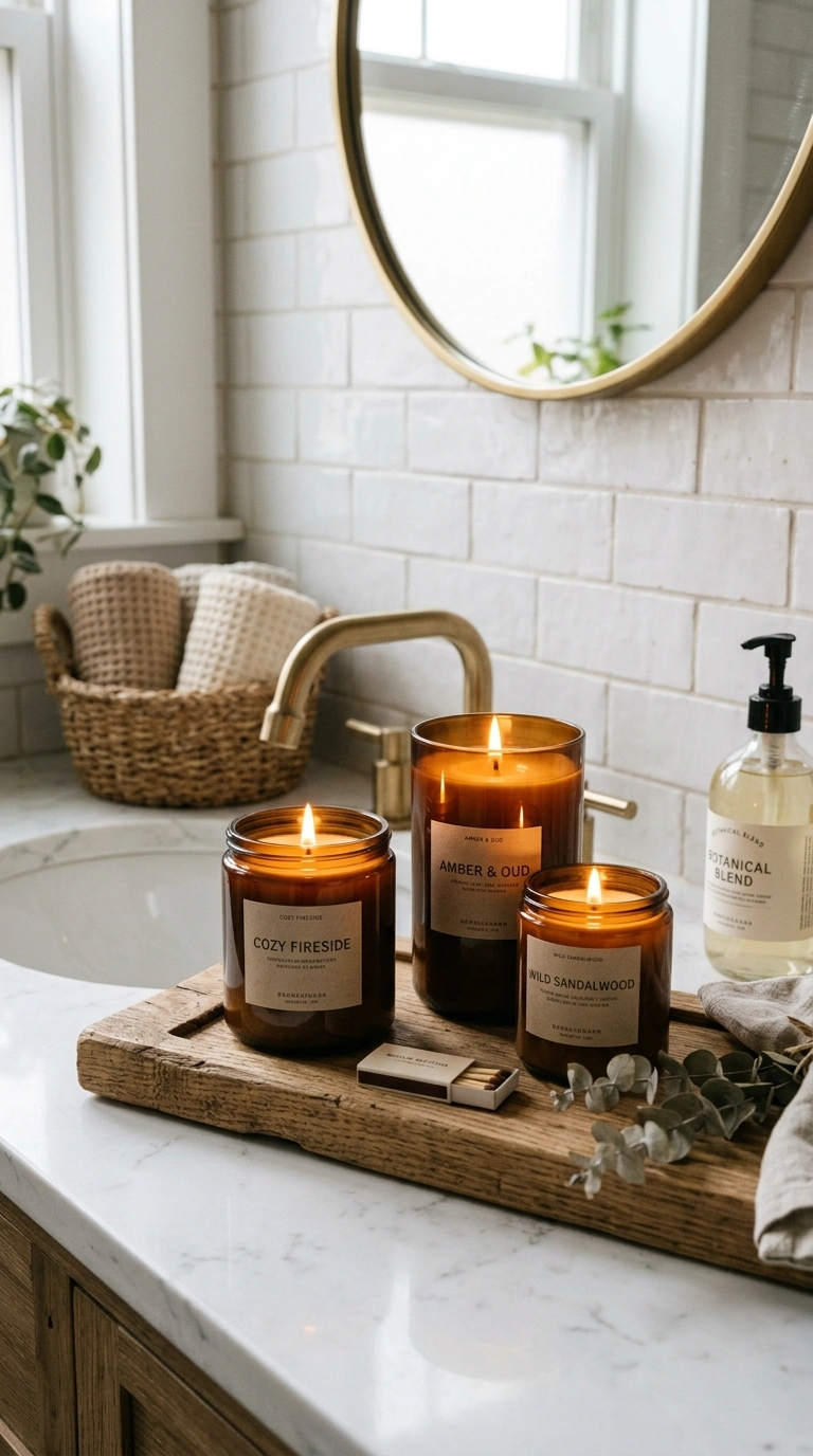 002 Amber Glass Candles A bathroom counter styled with