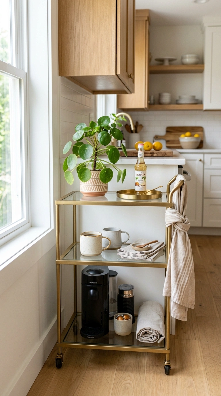 002 Bar Cart Setup A three tier brass bar cart in a br