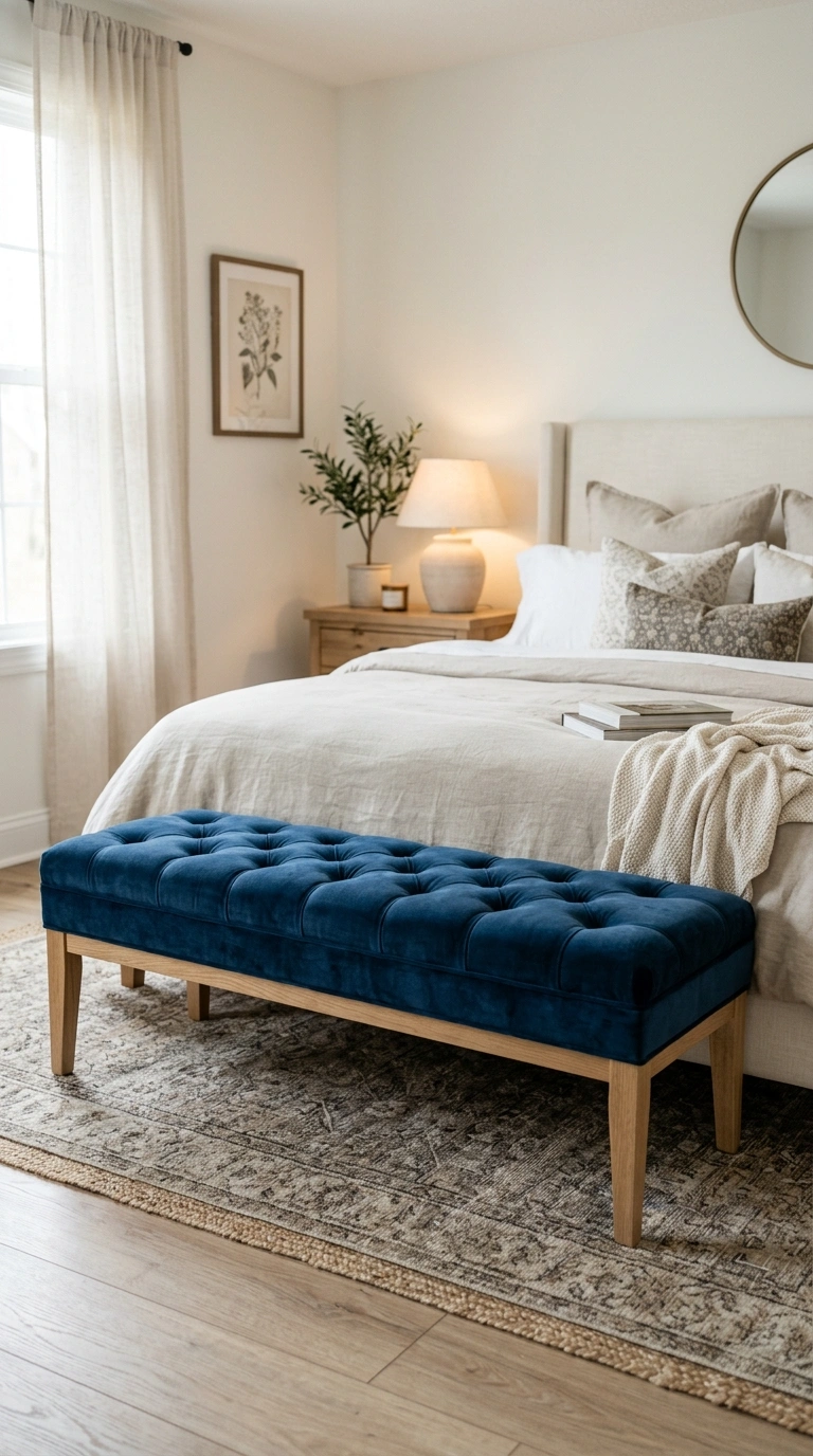 002 Blue Velvet Bench A bedroom featuring a deep Frenc
