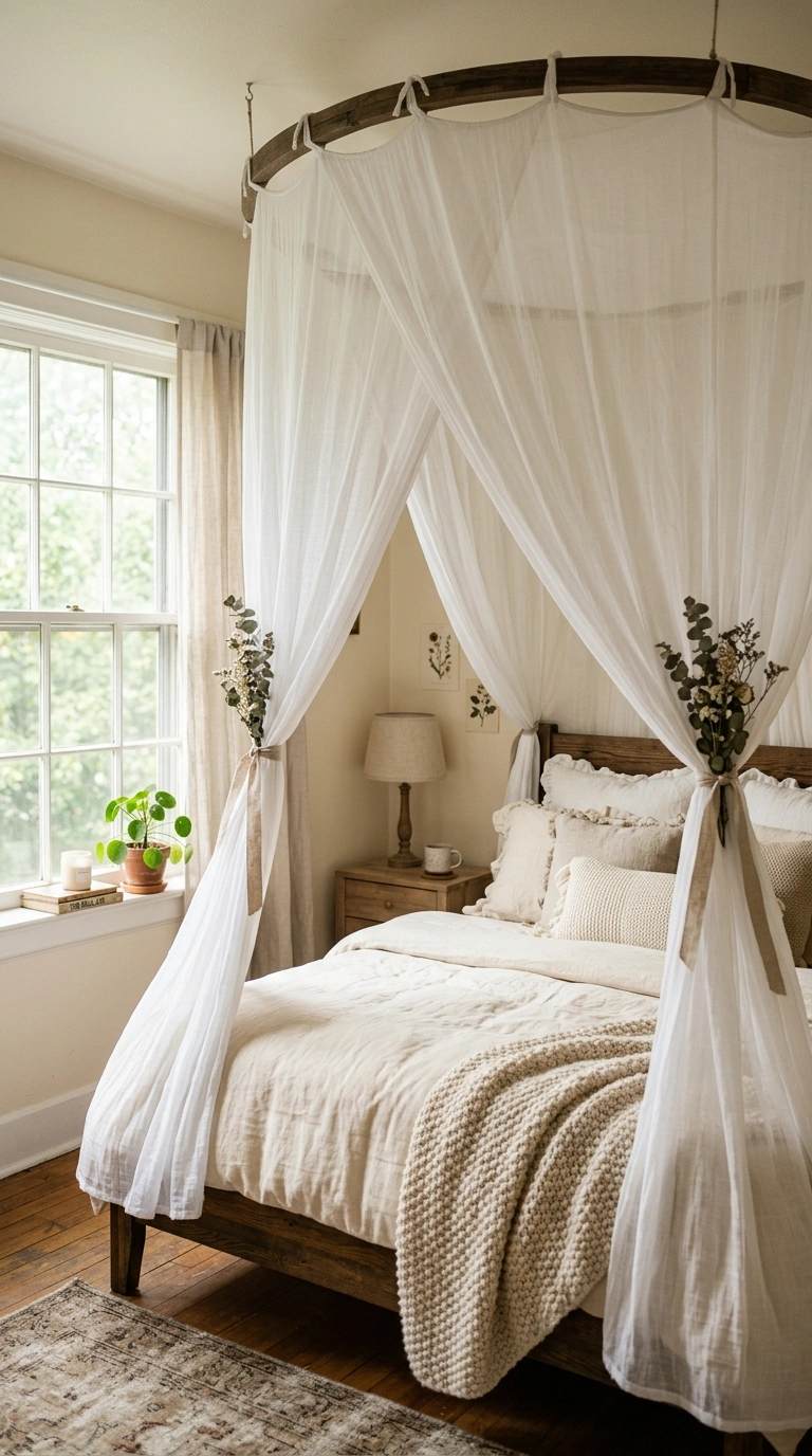 002 Canopy Bed Corner A bed with a sheer white canopy