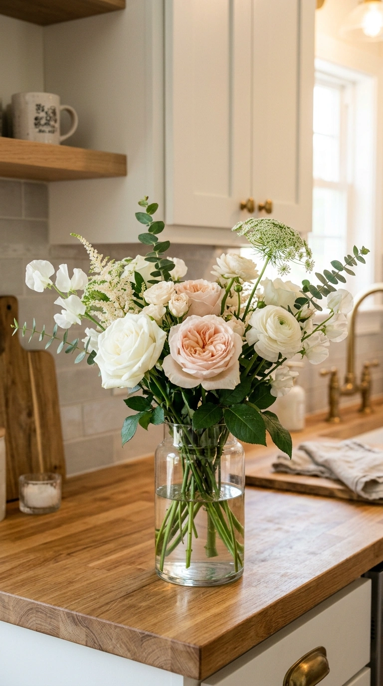 002 Fresh Flower Arrangements A kitchen counter featur