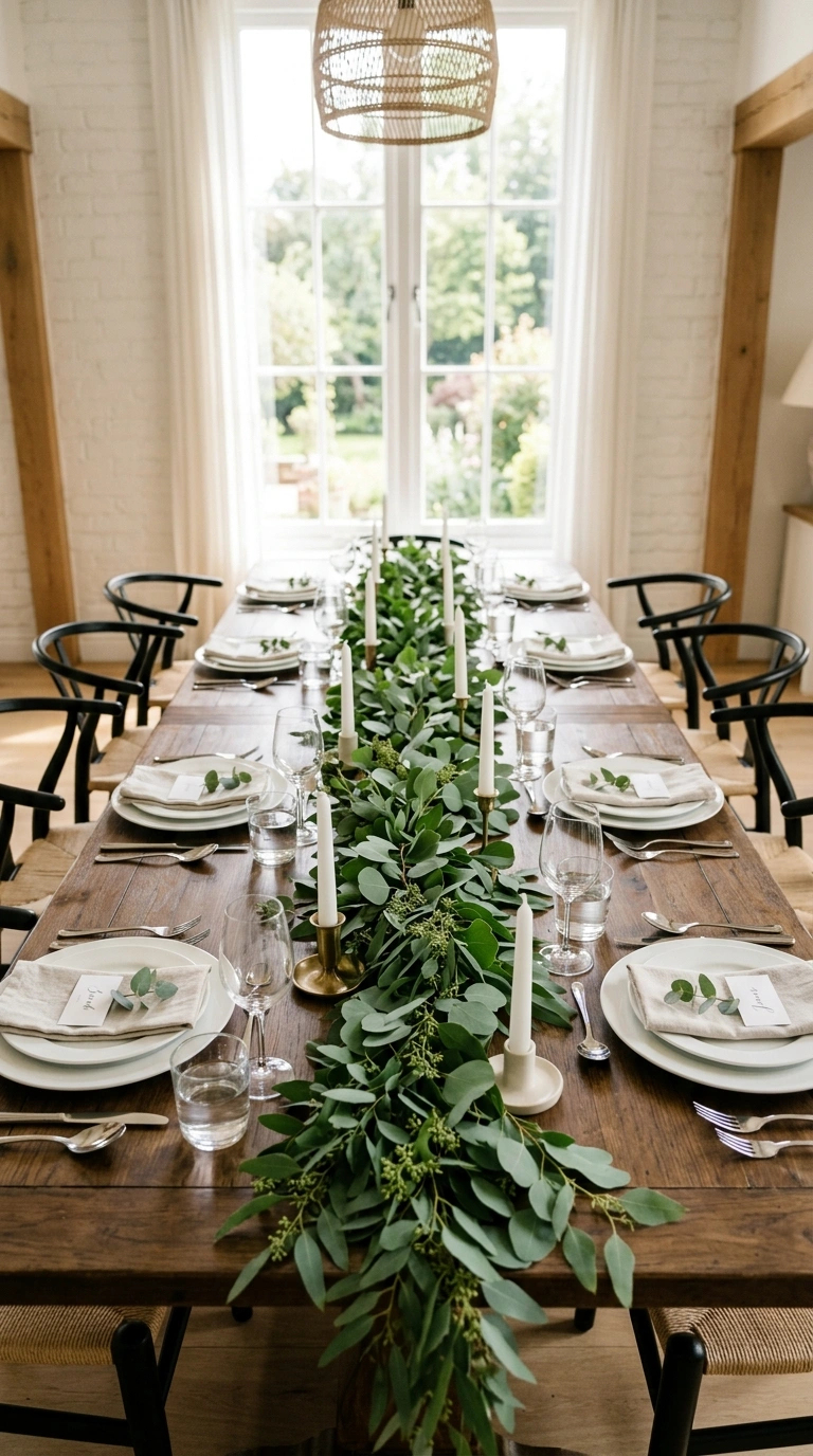 17 Dining Table Decor Ideas to Create a Beautiful Tablescape 3 002 Fresh Greenery Runner A dining table photographed