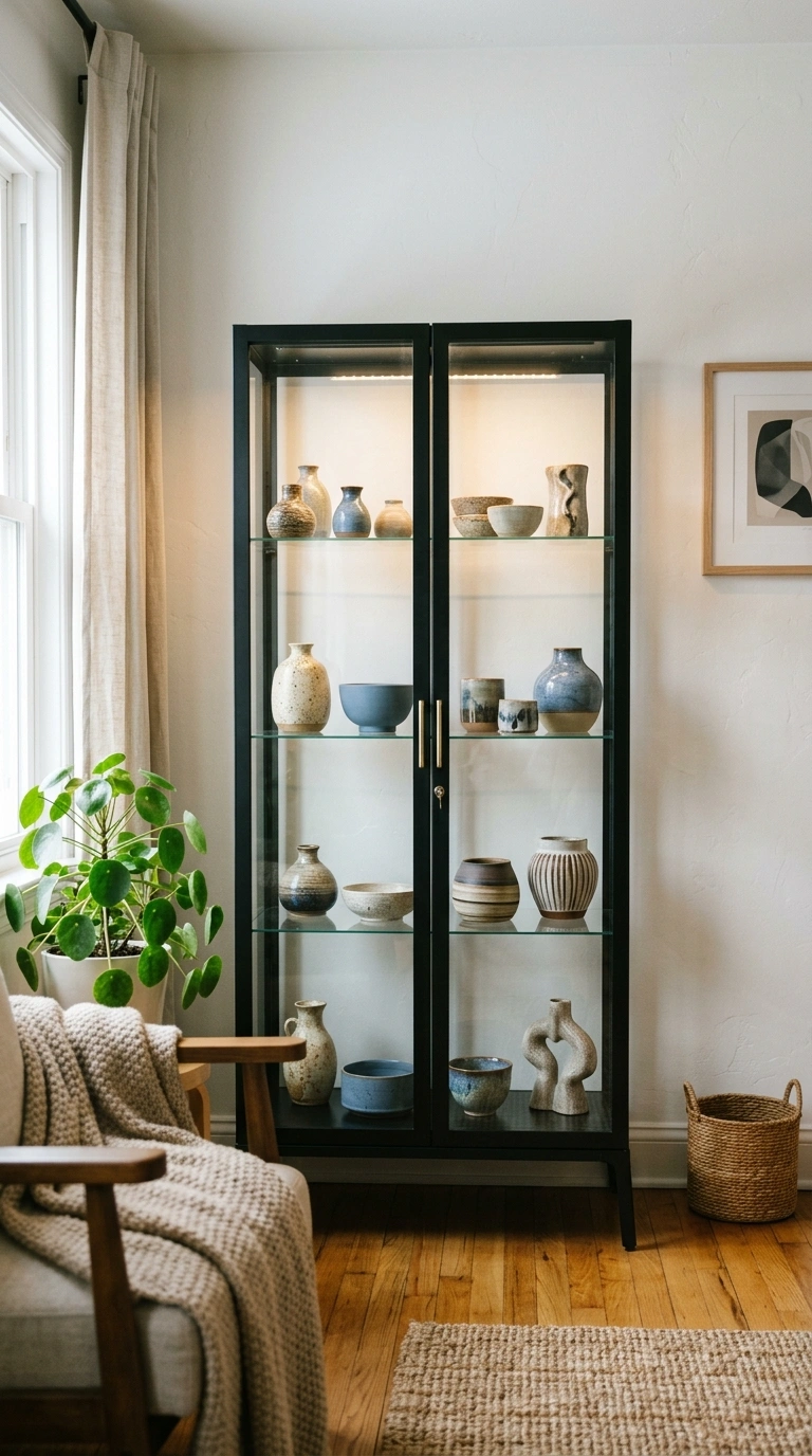 002 Glass Front Display A living room corner featuring