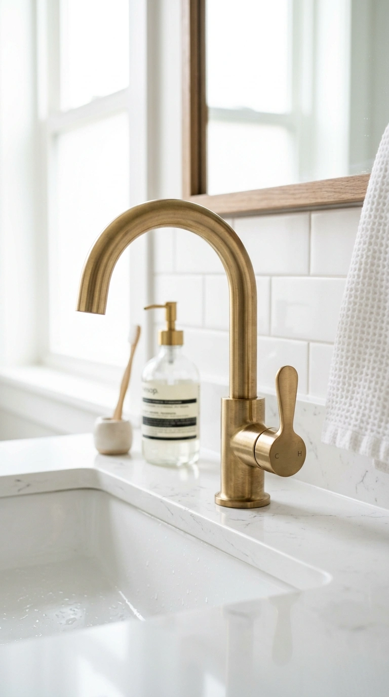 002 Gold Faucet Fixtures A close up of a brushed gold