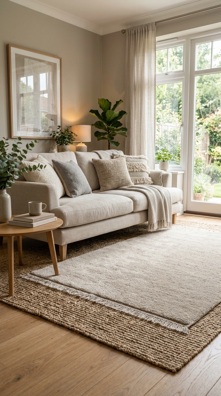 002 Layered Neutral Rugs A living room floor showing a