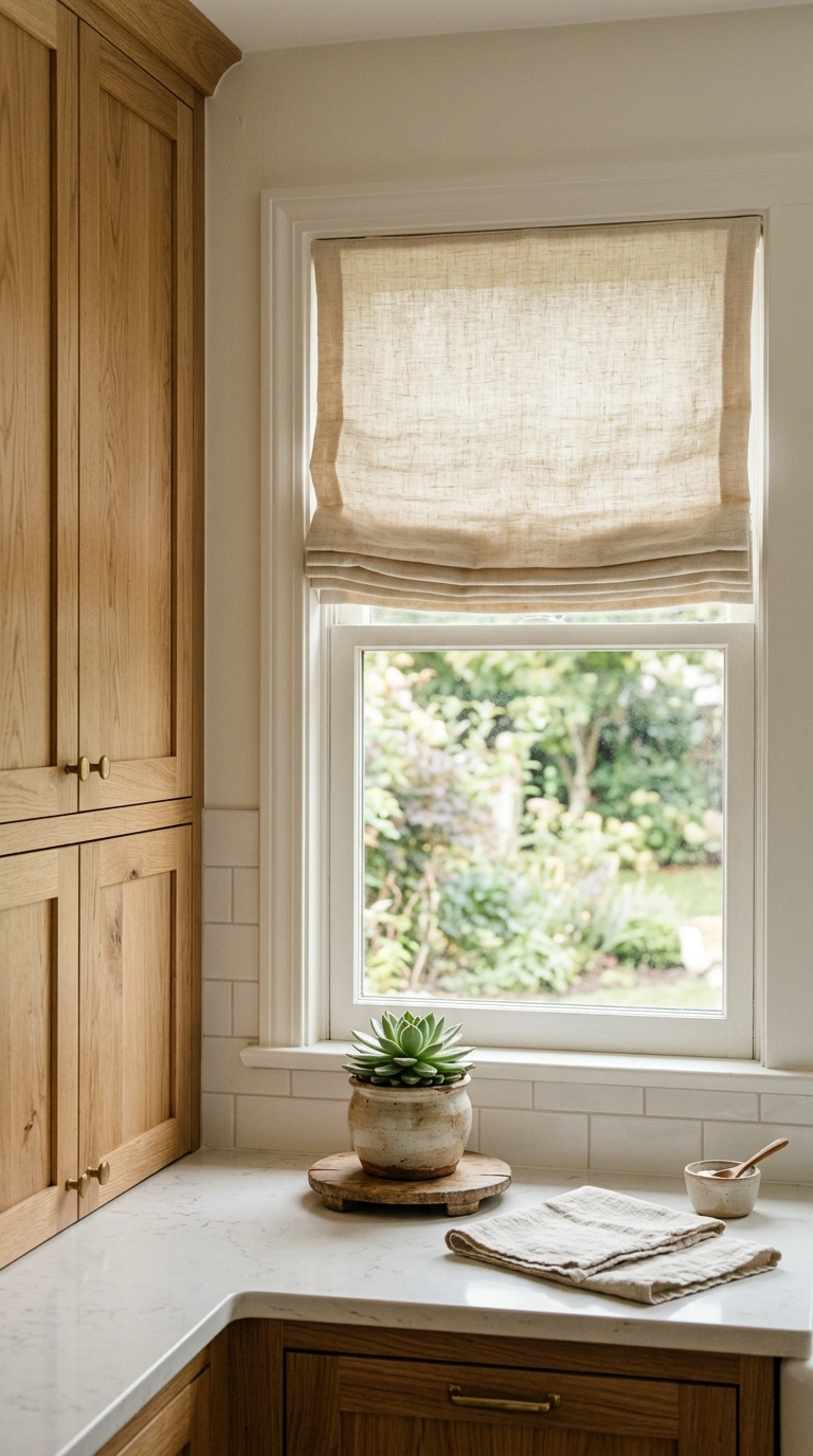 002 Linen Roman Shades A kitchen window behind a count