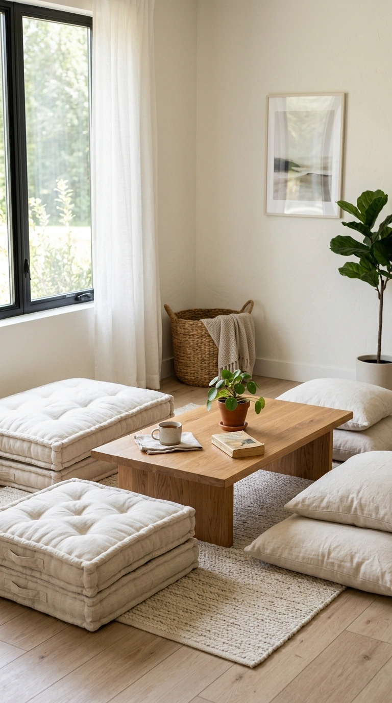 002 Low Floor Seating A low wood coffee table surround