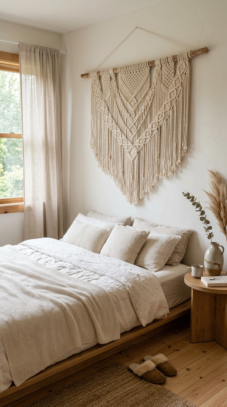 23 Easy Wall Decor Ideas to Make Any Room Look Brand New 3 002 Macrame Wall Hanging A cozy bedroom corner with a