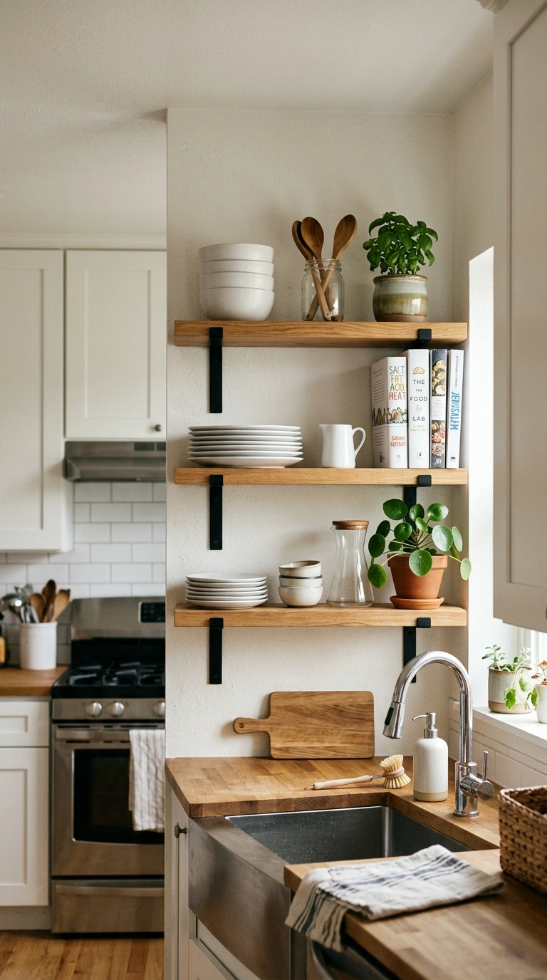 002 Open Wood Shelves A white kitchen wall featuring o