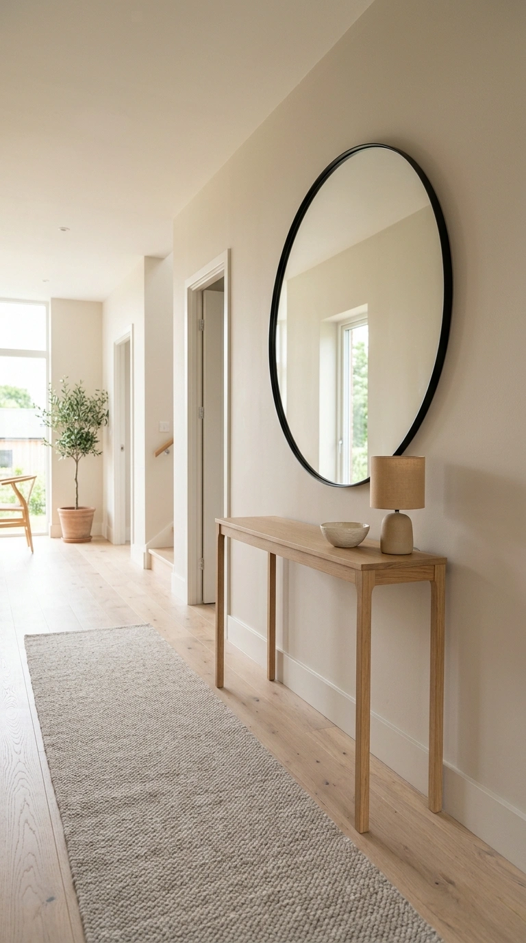24 Large Entry Hallway Ideas for a Stylish First Impression 3 002 Oversized Round Mirror A spacious hallway featurin
