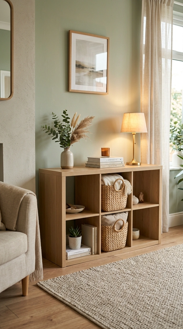 002 Rattan Basket Console A cozy living room console w