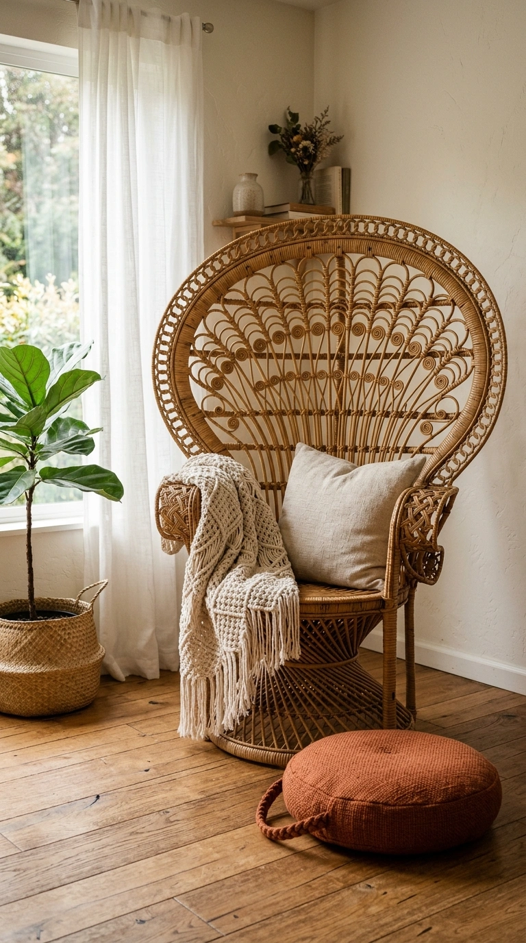 002 Rattan Peacock Chair A sunlit corner with a tall r