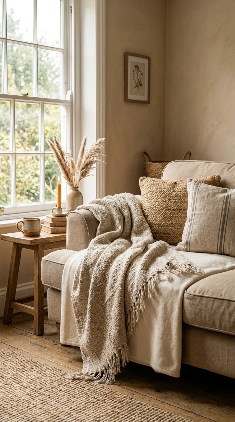 Neutral but Not Boring: California Coastal Interior Design 3 002 Textured Linen Layers A sofa layered with a nubby