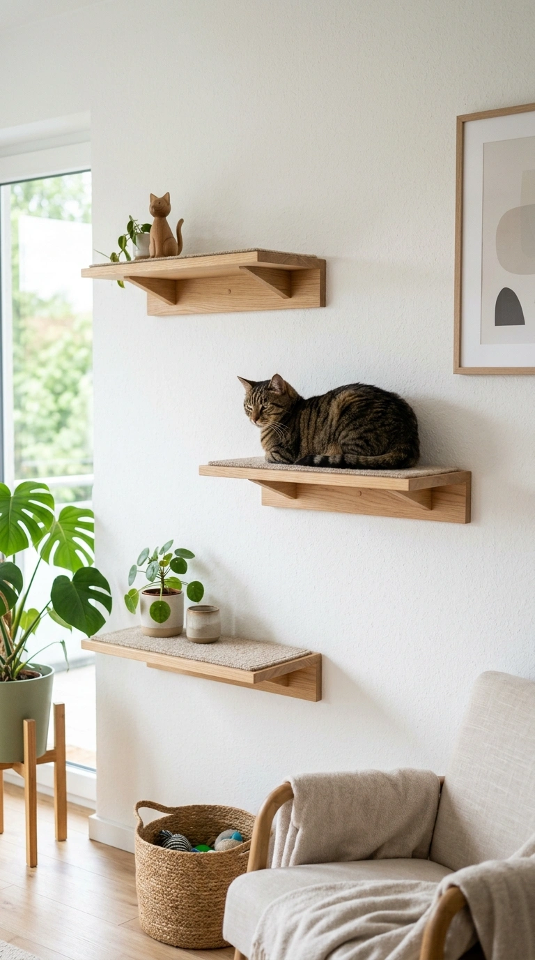 002 Wall Mounted Cat Shelves A living room wall featur