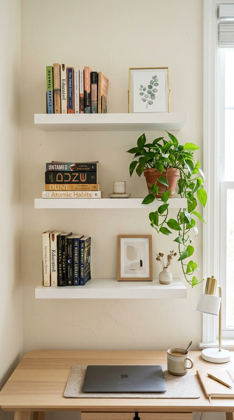 002 Wall Mounted Shelves Three evenly spaced white flo