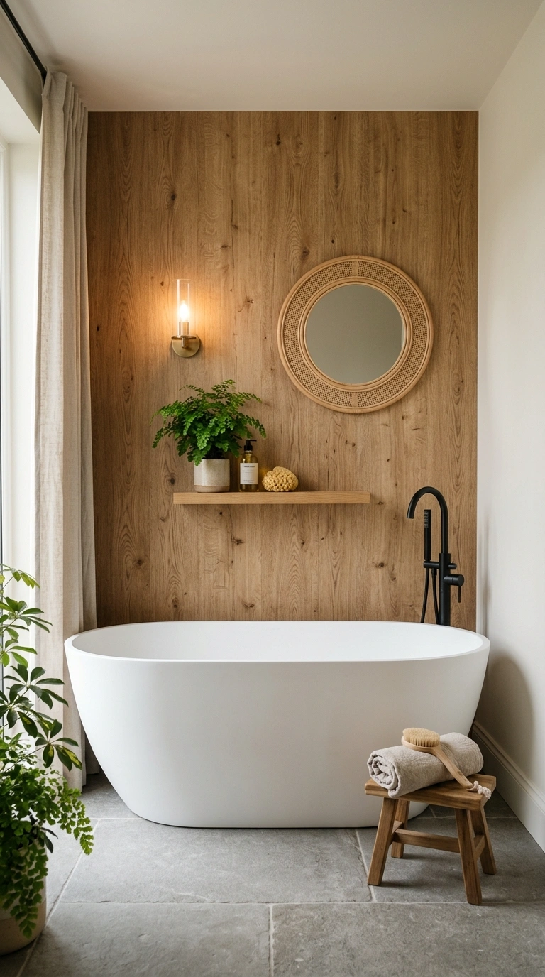 002 Wood Grain Panels A bathroom accent wall behind a
