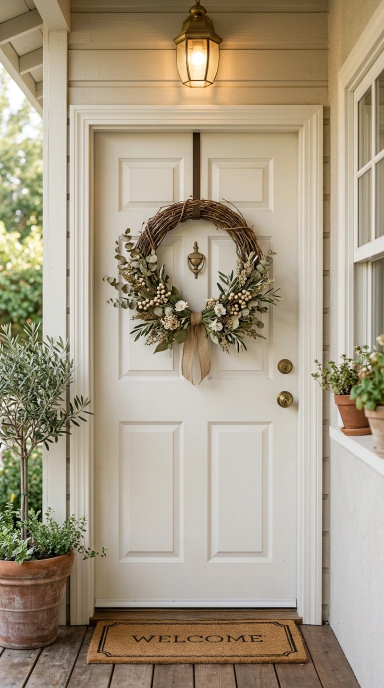 002 Woven Door Wreath A front door in a soft white fin