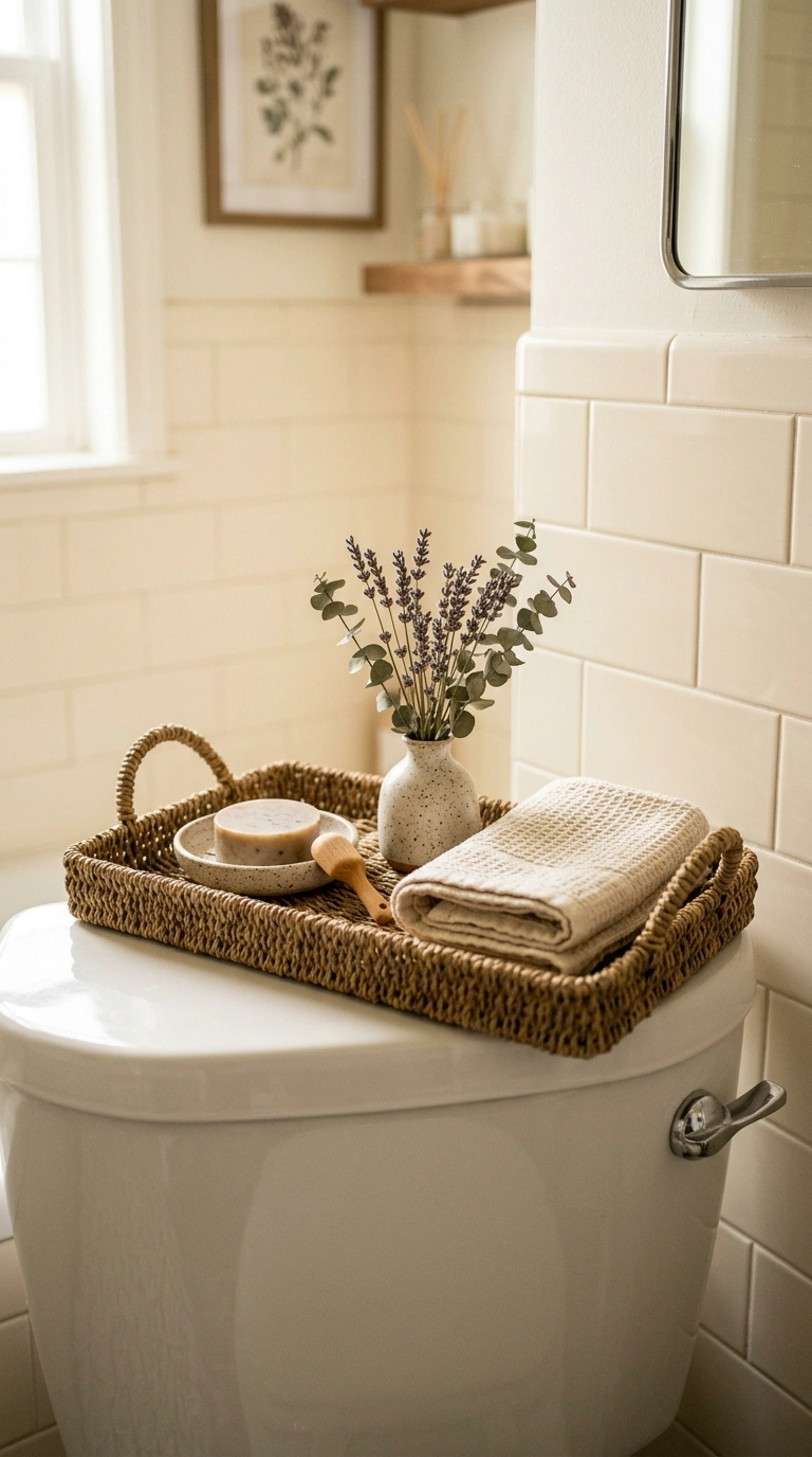 21 Toilet Tank Decor Ideas for a Prettier Bathroom 3 002 Woven Tray Base A rectangular seagrass tray sittin