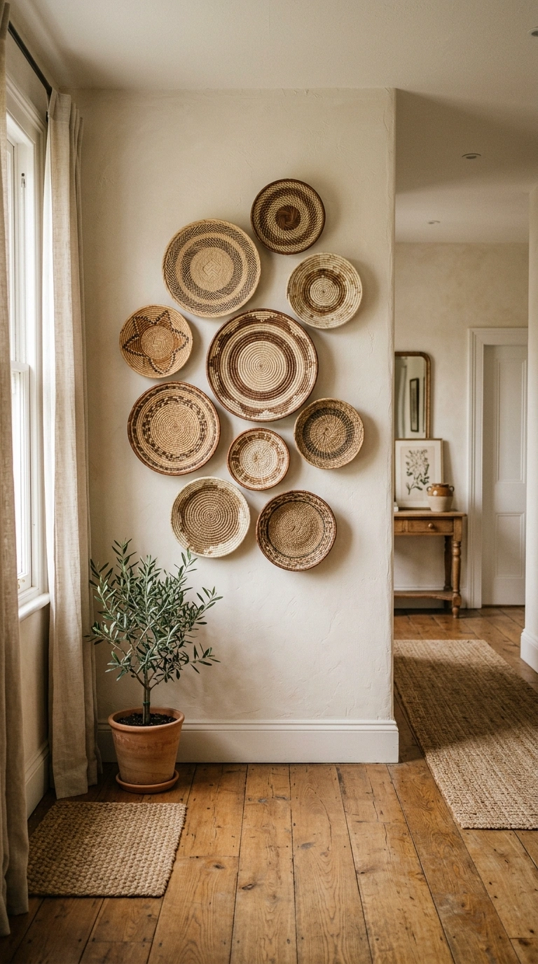 002 Woven Wall Basket A hallway wall with a cluster of