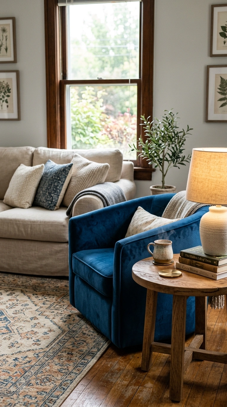 23 Blue and Beige Living Room Ideas That Make This Classic Pairing Work 4 003 3 Blue Velvet Accent Chair A deep blue velvet barr