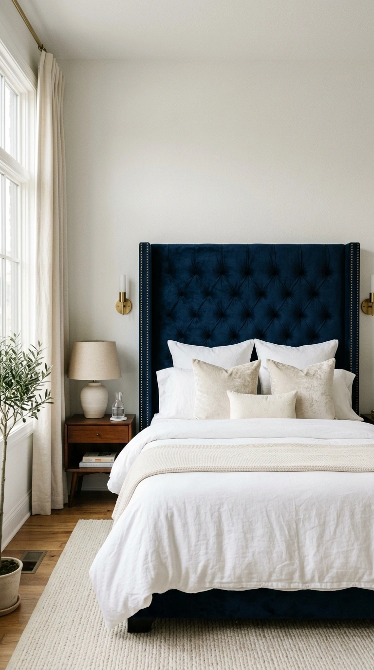 003 3 Blue Velvet Headboard A tall navy blue velvet he