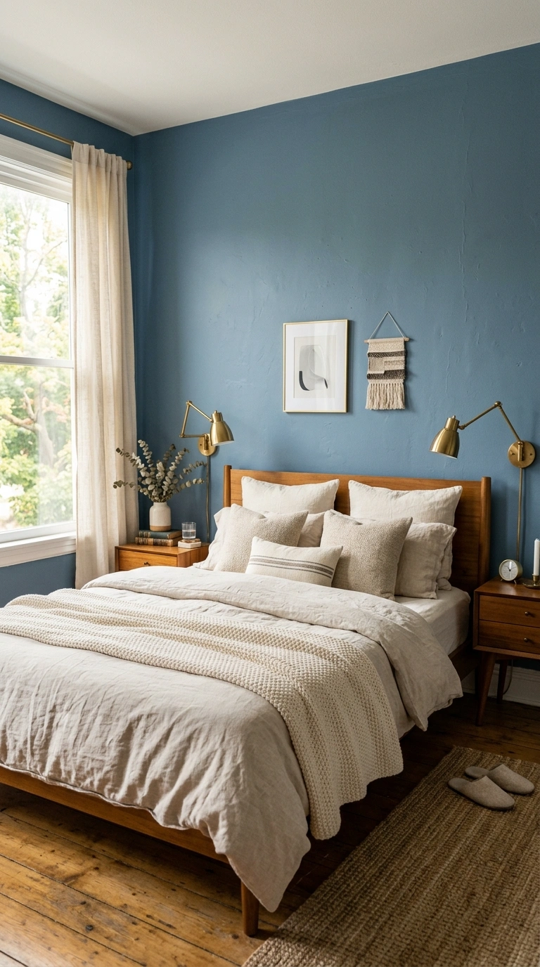003 3 Dusty Blue A bedroom with dusty blue painted wal