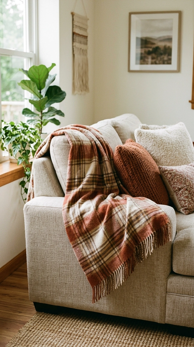 15+ Charming Fall Decor Ideas to Make Your Home Feel Cozy 4 003 3 Flannel Throw Layer A sofa with a soft rust and