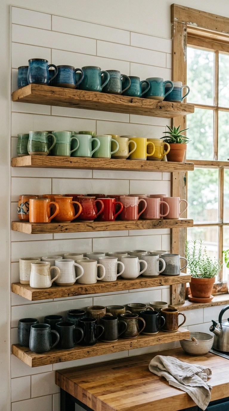 003 3 Open Shelf Mug Display Open wood shelving in a s