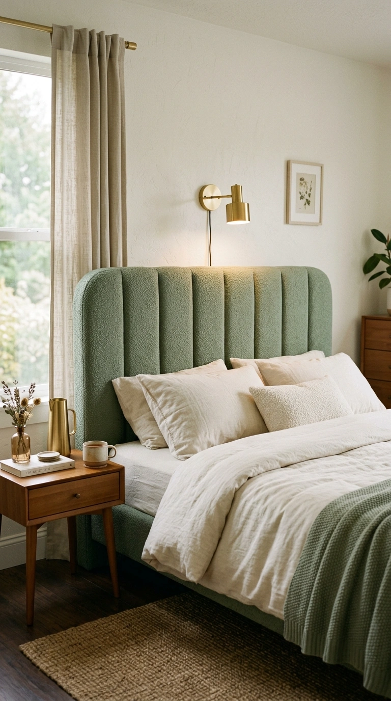 003 3 Sage Green Headboard A bedroom featuring a chann