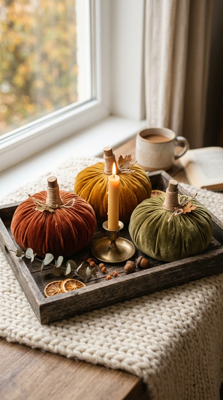 003 3 Velvet Pumpkin Trio A tray styled with three vel