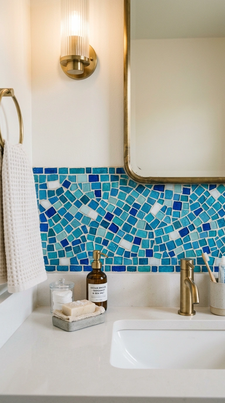 003 Blue Mosaic Backsplash A bathroom vanity featuring