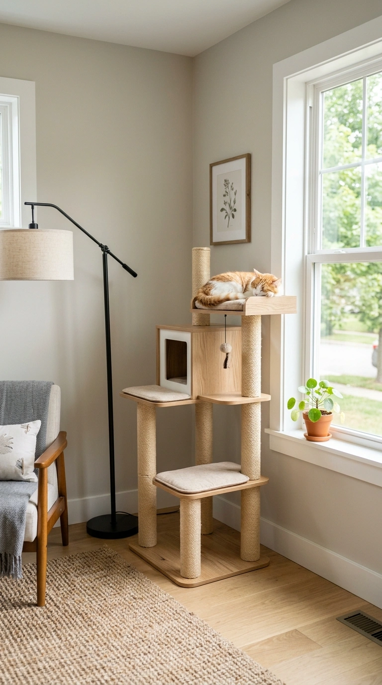 003 Cat Tree In Corner A modern living room corner wit