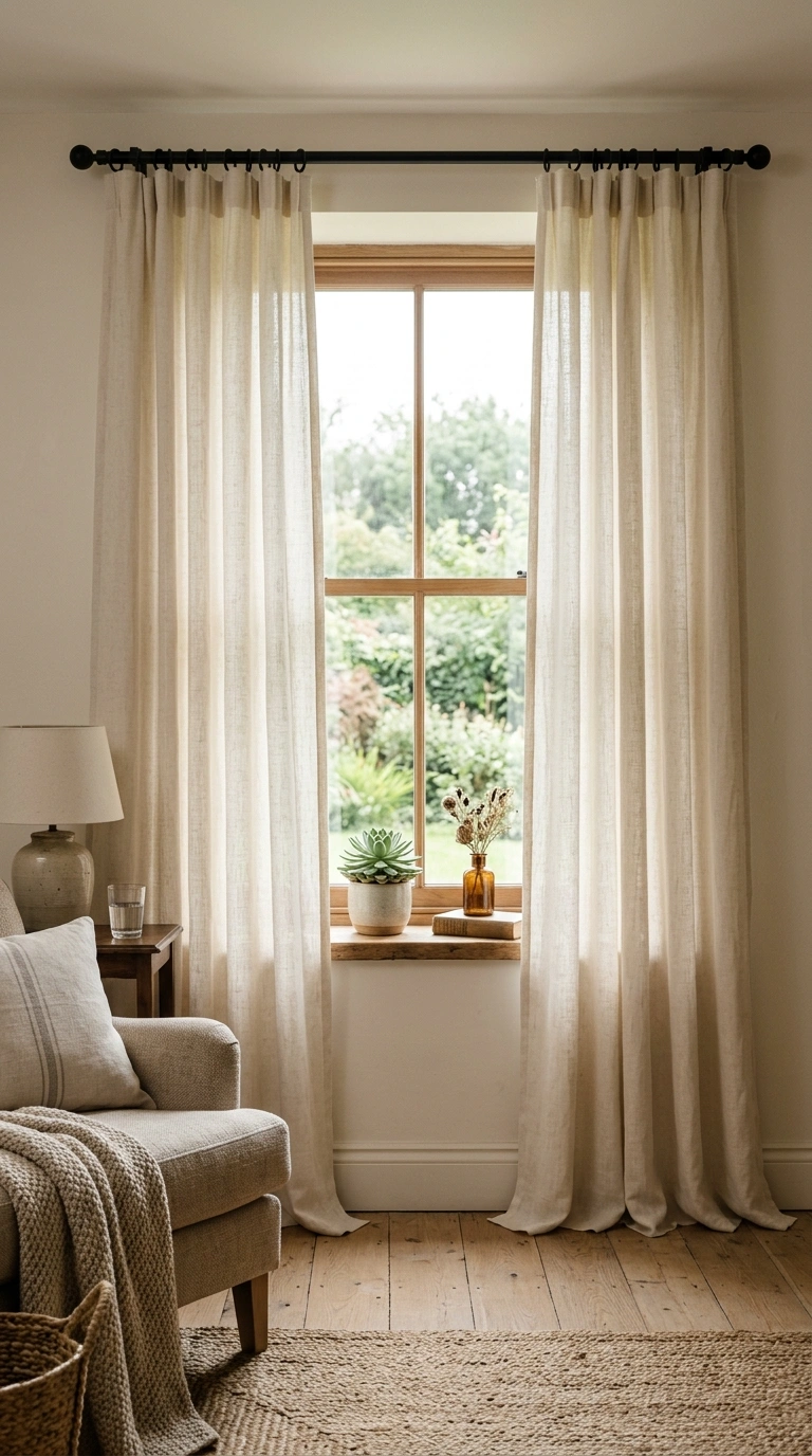 003 Cream Linen Curtains A living room window dressed