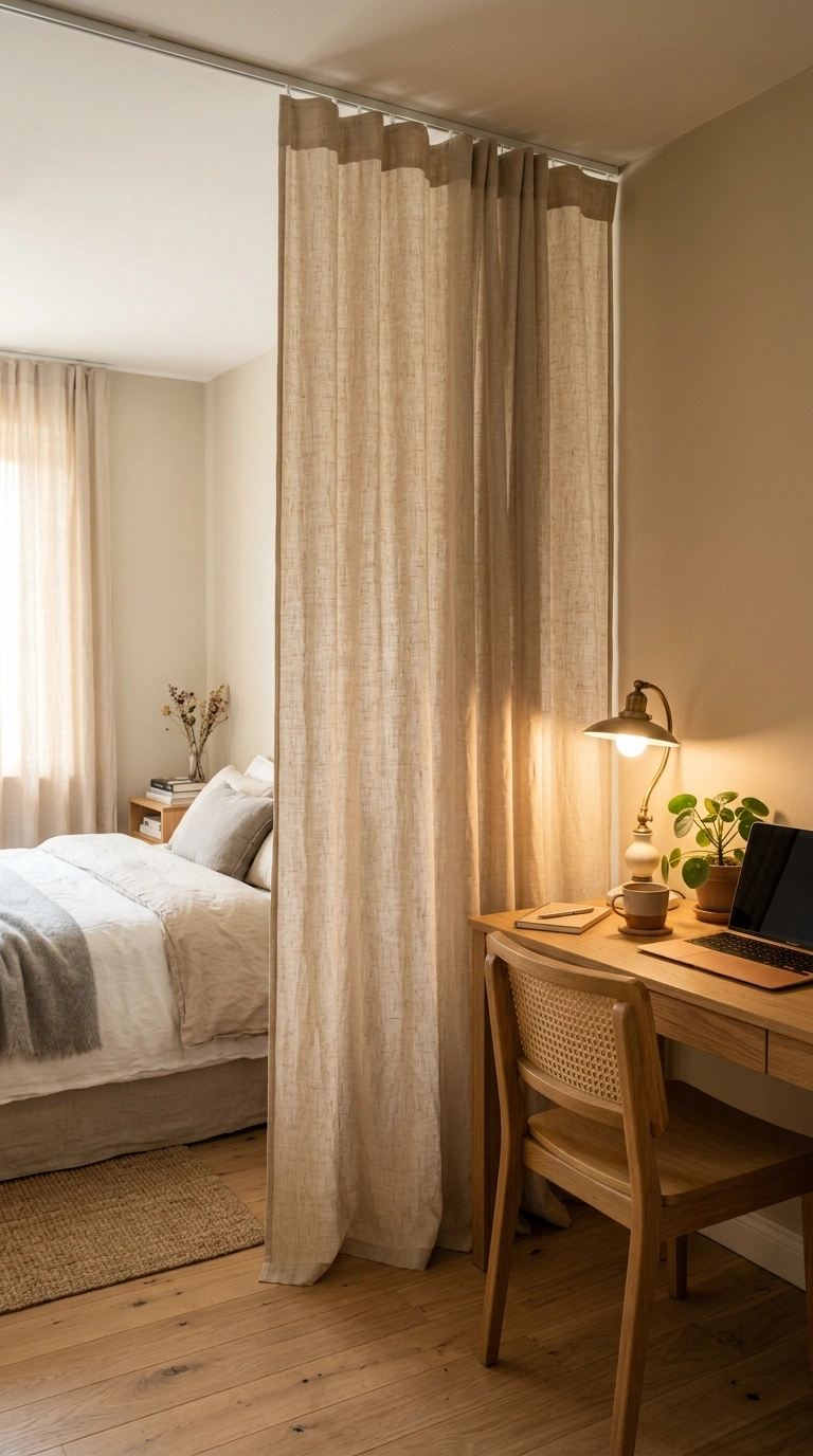 003 Curtain Room Divider A soft linen curtain hung fro