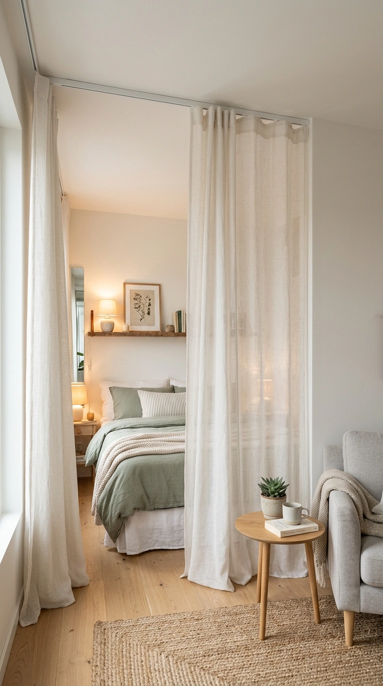 003 Curtain Room Divider A studio apartment featuring