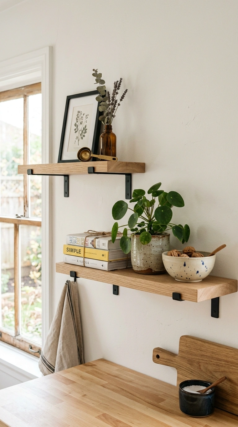 23 Easy Wall Decor Ideas to Make Any Room Look Brand New 4 003 Floating Wood Shelves A kitchen wall with two stag
