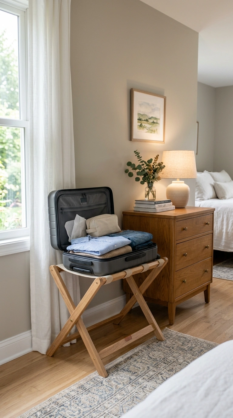 003 Folding Luggage Rack A small guest bedroom corner