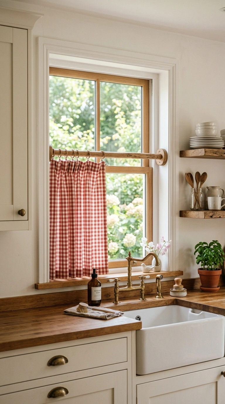 003 Gingham Check Curtains A farmhouse kitchen sink wi