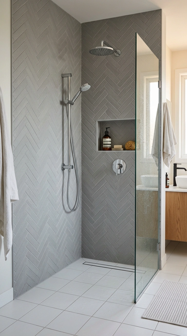 003 Herringbone Pattern Panels A bathroom shower surro