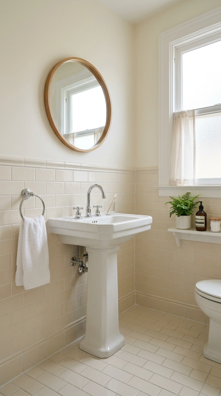 003 Light Colored Tile A small bathroom with soft ivor