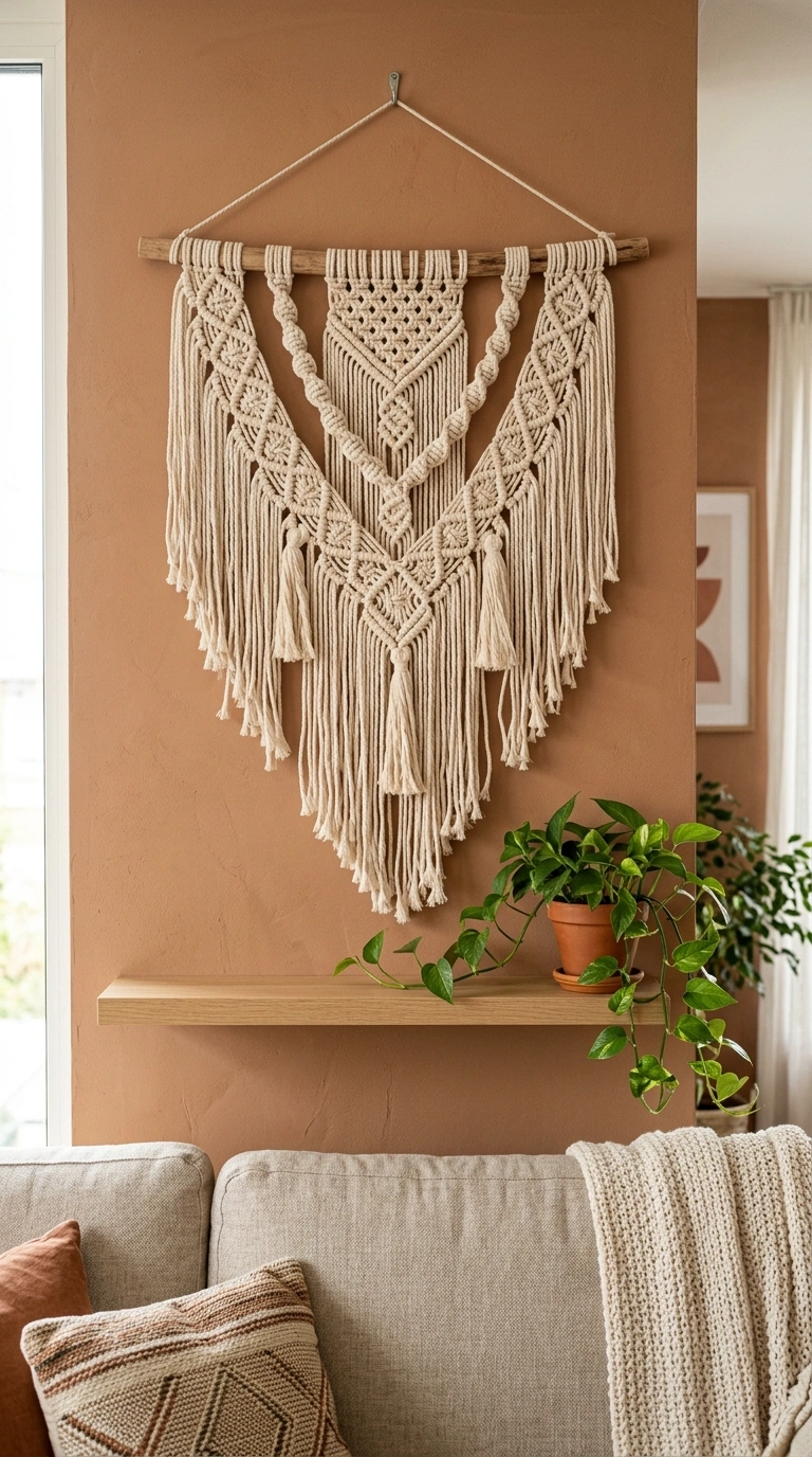 003 Macrame Wall Hanging A living room wall above a so