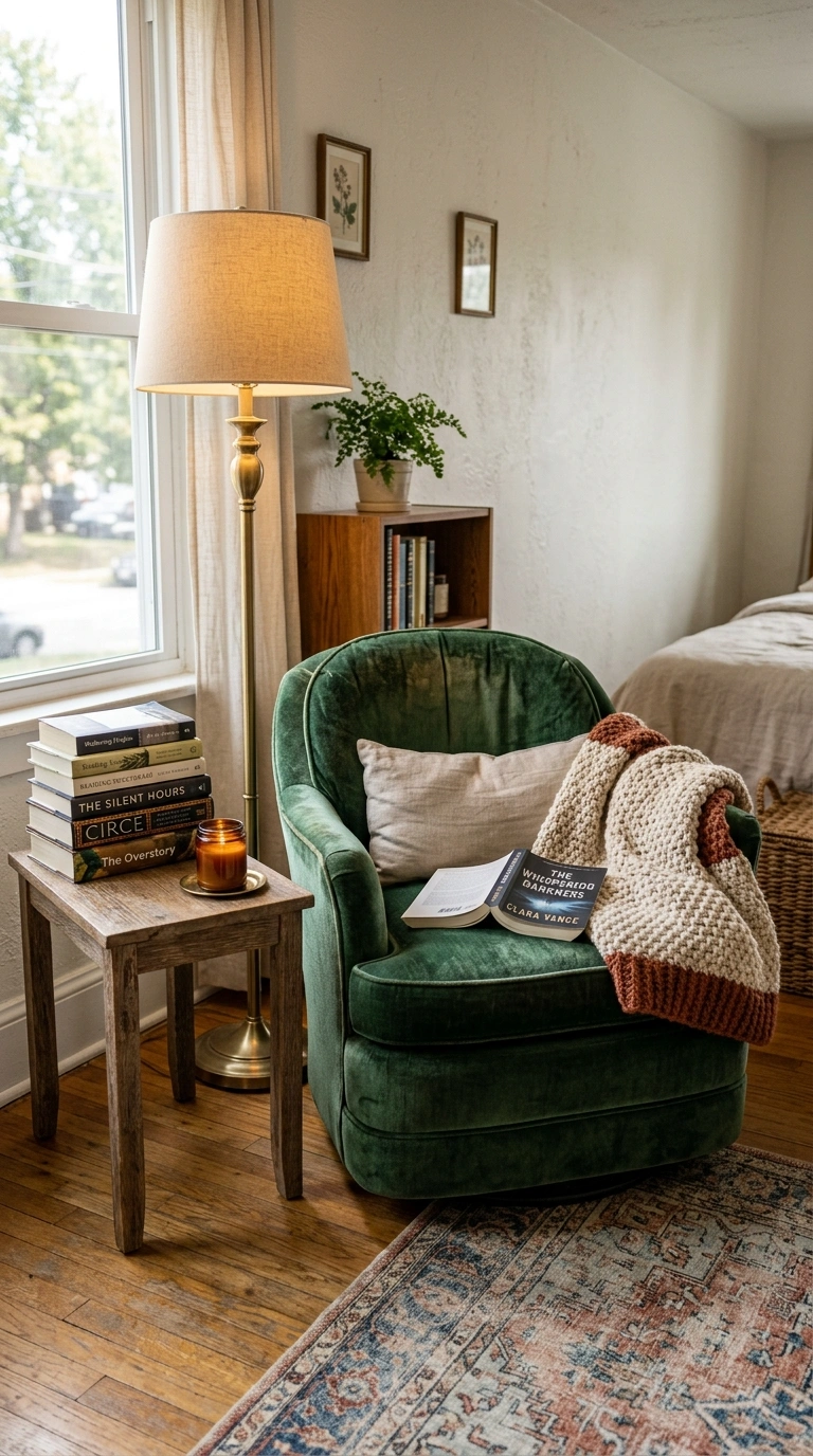 003 Reading Nook Chair A bedroom corner with a soft ve