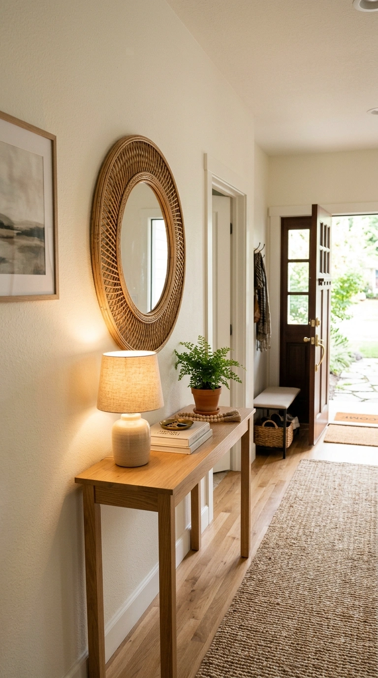 003 Round Rattan Mirror A hallway near a front door wi