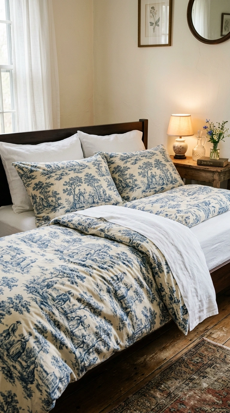 003 Toile Print Bedding A bedroom bed dressed in blue