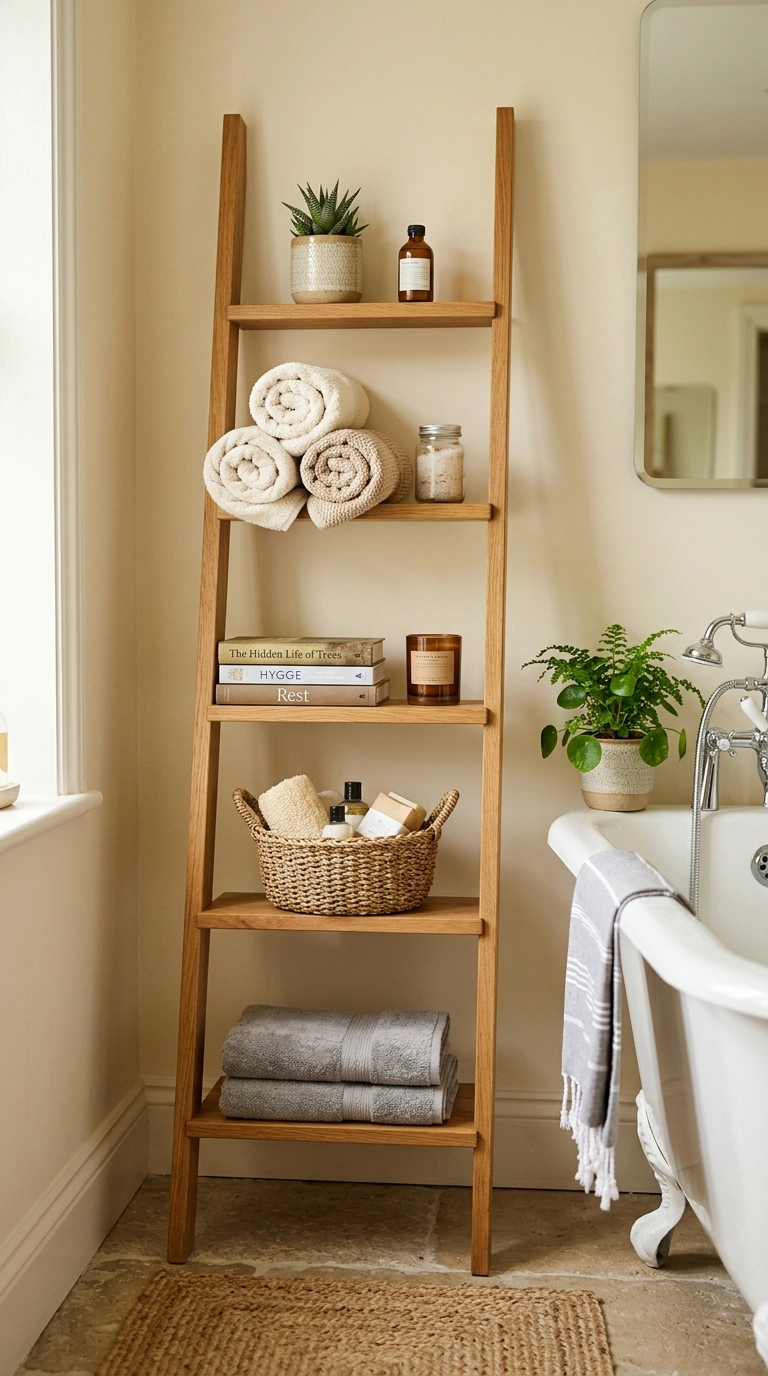 003 Wood Ladder Shelf A bathroom corner featuring a wa