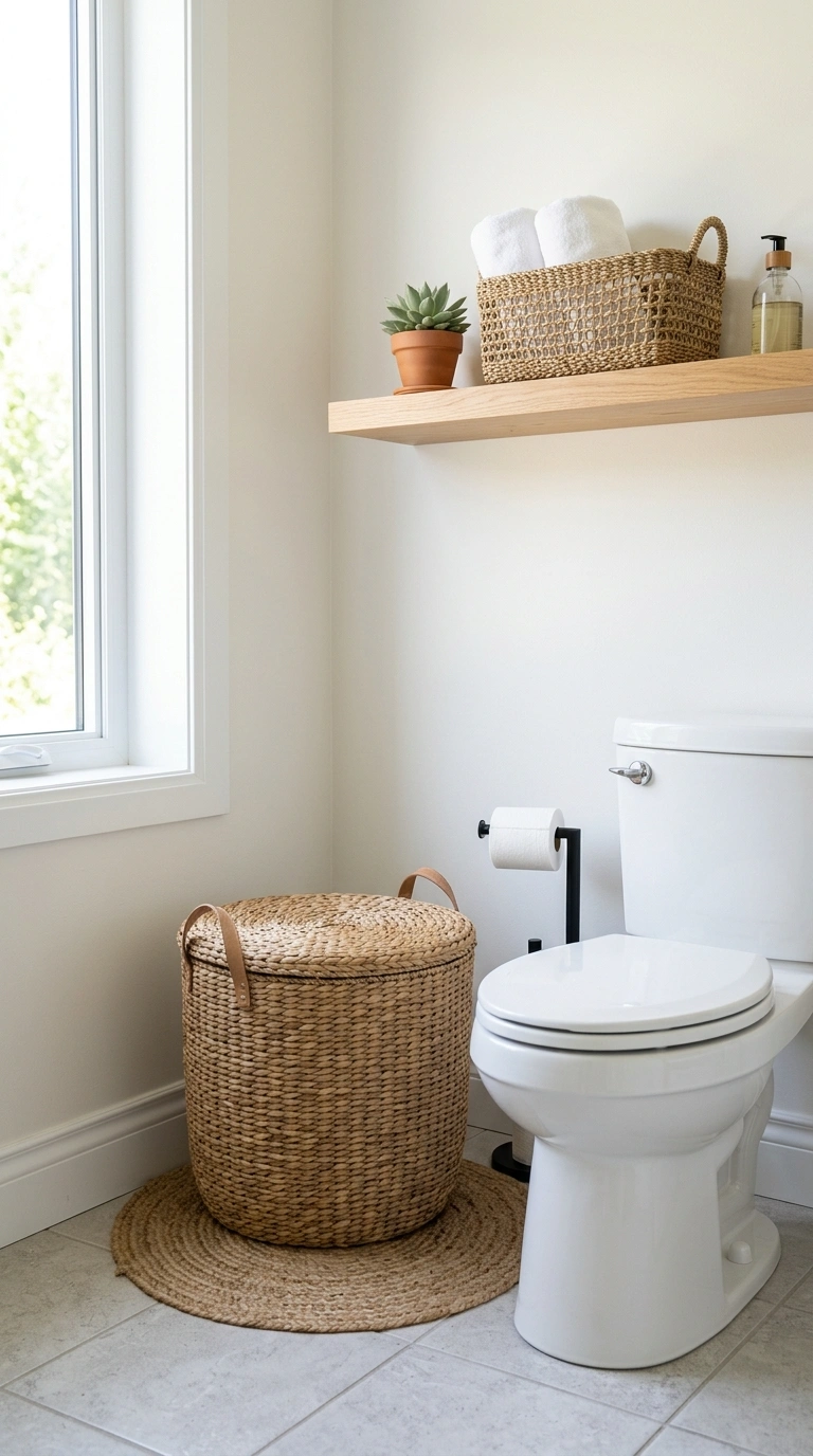 19 Elegant Guest Bathroom Decor Ideas You'll Want to Copy 4 003 Woven Storage Baskets A bathroom corner showing a