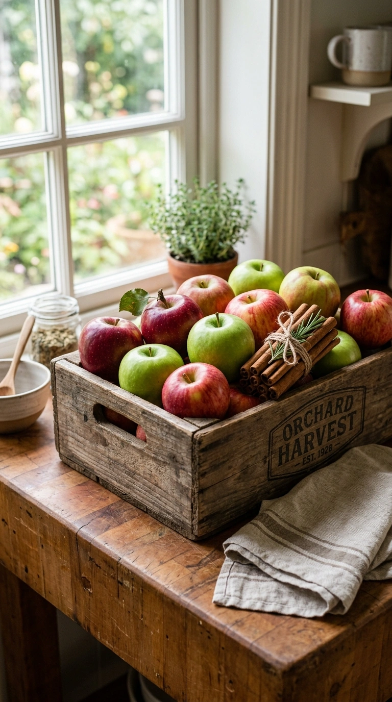 15+ Charming Fall Decor Ideas to Make Your Home Feel Cozy 5 004 4 Apple Crate Display A wood apple crate on a kitc
