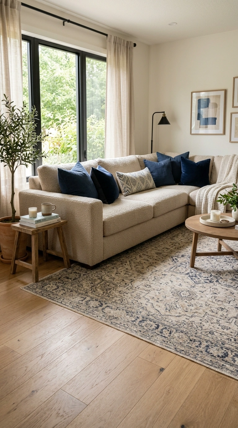 23 Blue and Beige Living Room Ideas That Make This Classic Pairing Work 5 004 4 Beige Boucle Sectional A large beige boucle sect
