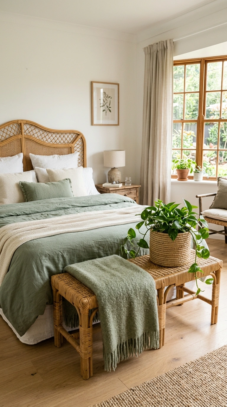 004 4 Rattan and Sage Mix A bedroom with a rattan head