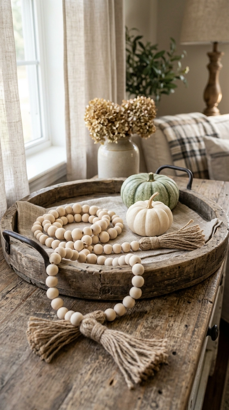 004 4 Wood Bead Garland A tray styled with a loosely c